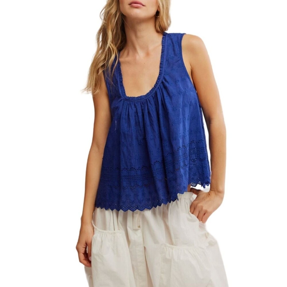 Free People Royal Blue Eyelet Scoop Neck Tank